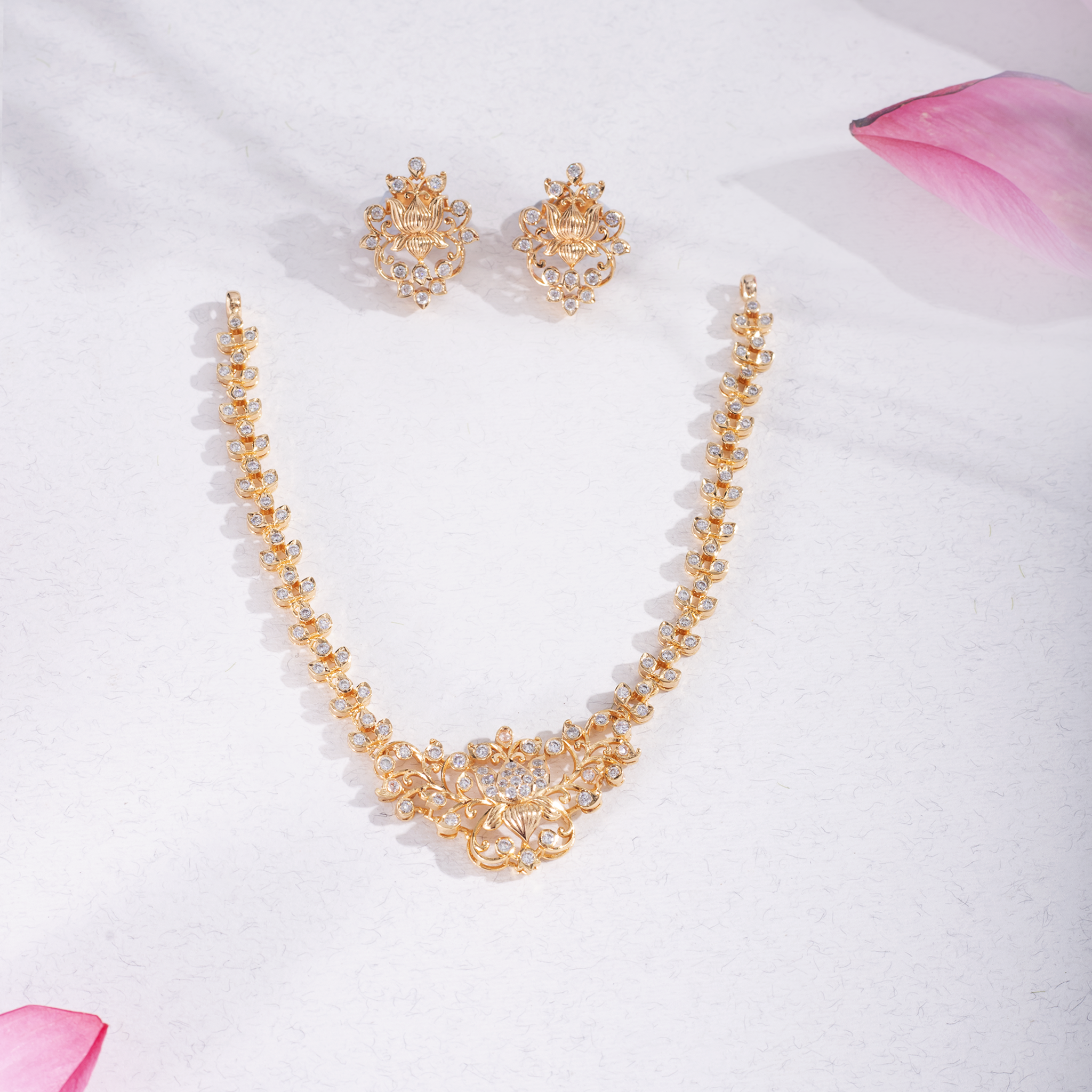 Gold Plated Floral Necklace Set with Earrings