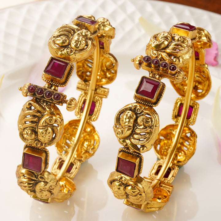 Gold Plated Ruby Stone Bangles with Nagas Annam Temple Jewellery Design