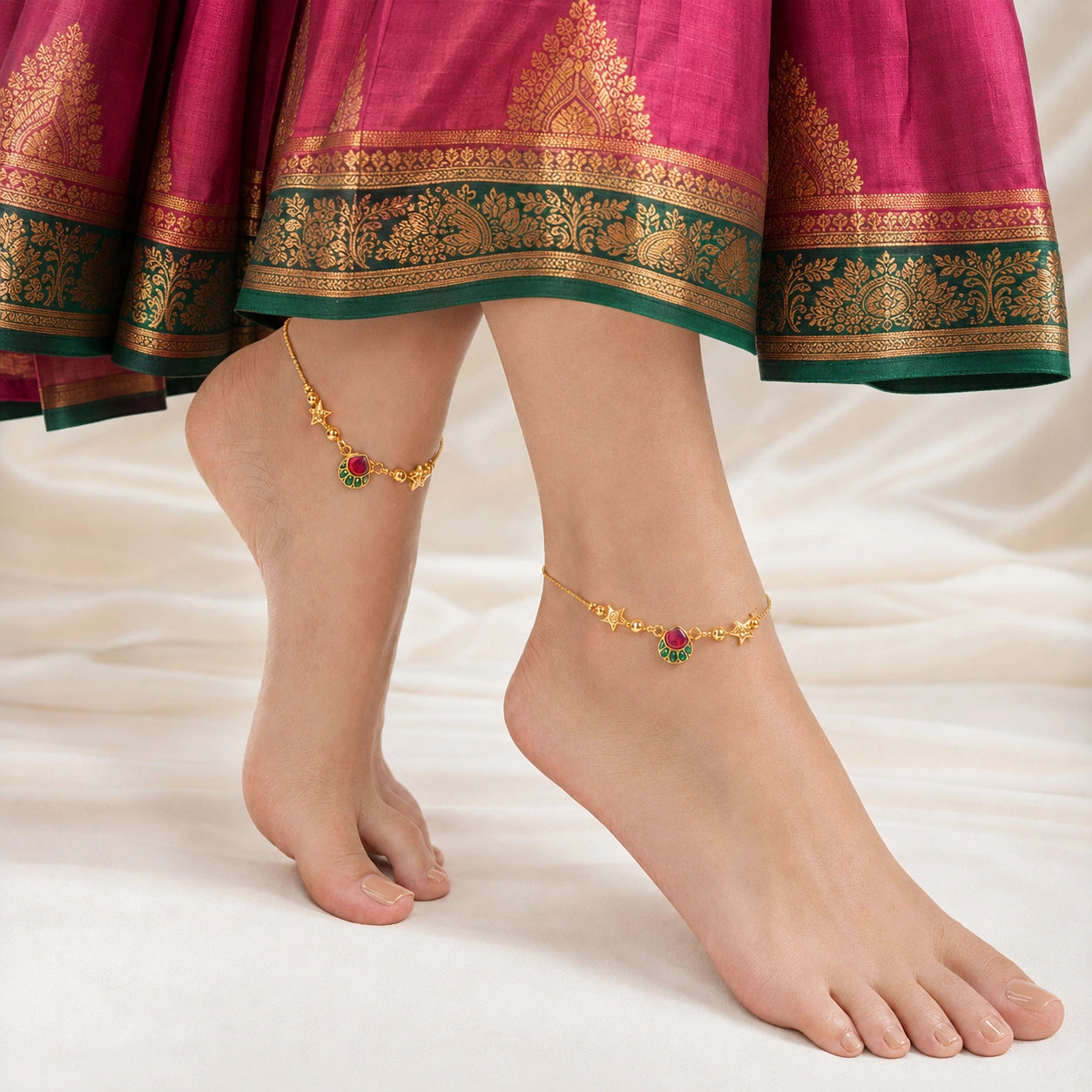 Gold Plated Ruby and Green Enamel Anklet Ishna