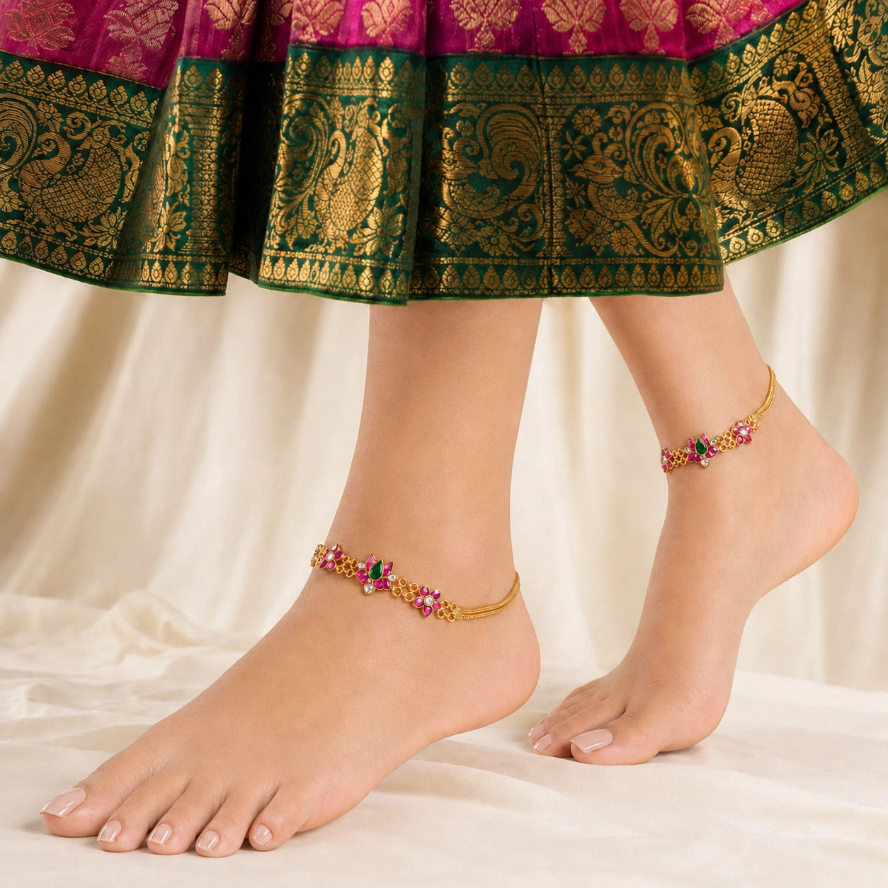 Gold Plated Ruby and Green Kundan Anklet Ishna
