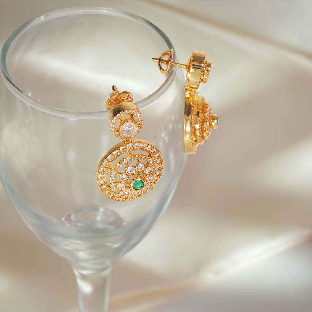 Gold Plated Silver CZ Emerald Floral Earrings Ishna