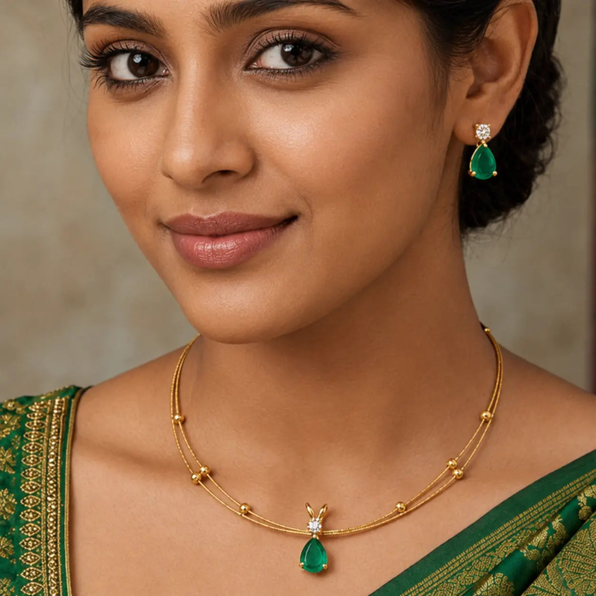 Gold plated Green stone string necklace with earrings