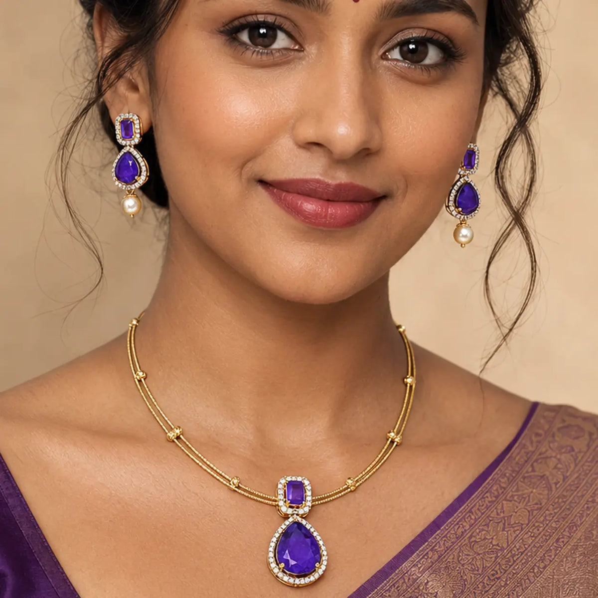 Gold plated Purple stone necklace for women