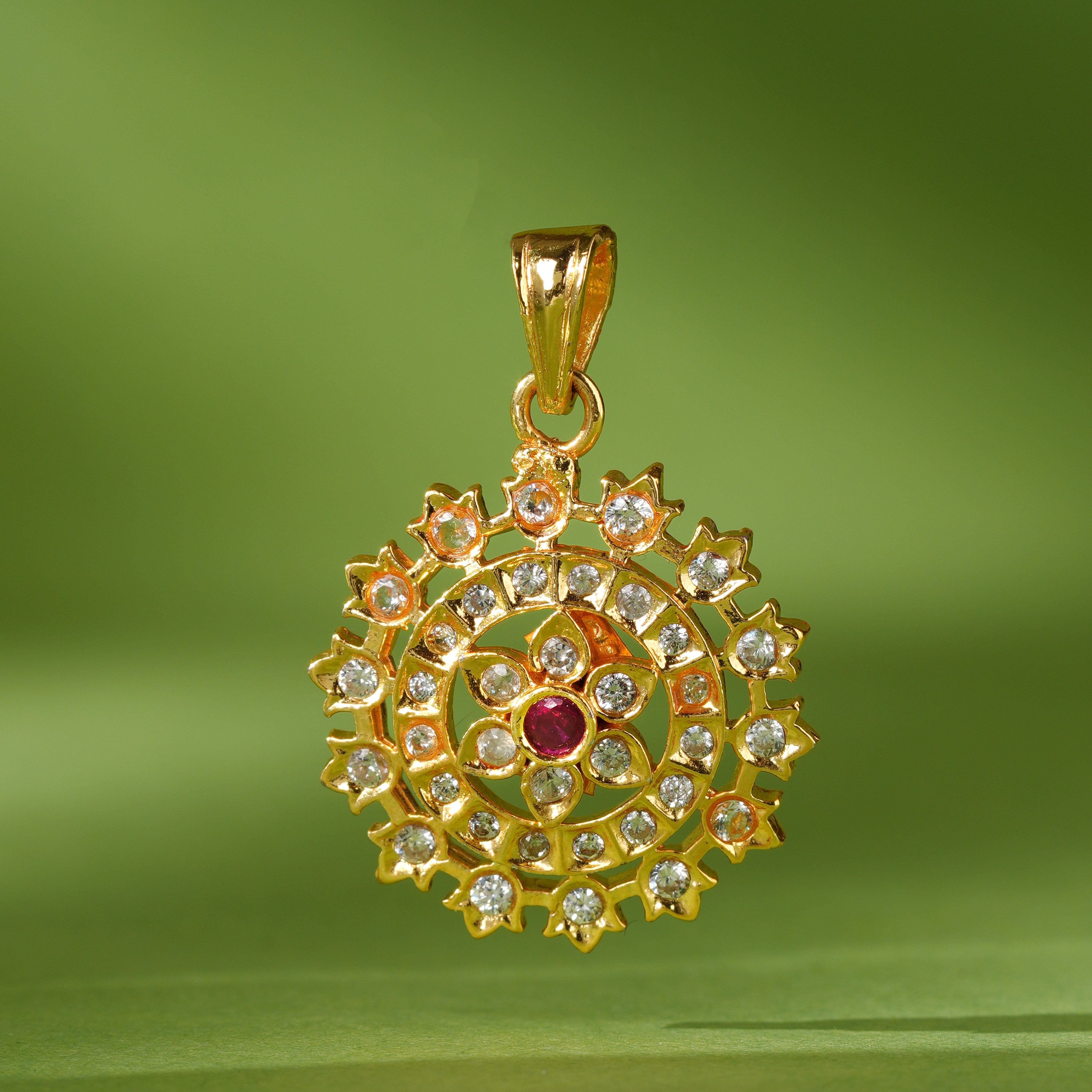 Gold plated floral motif pendant with white stones