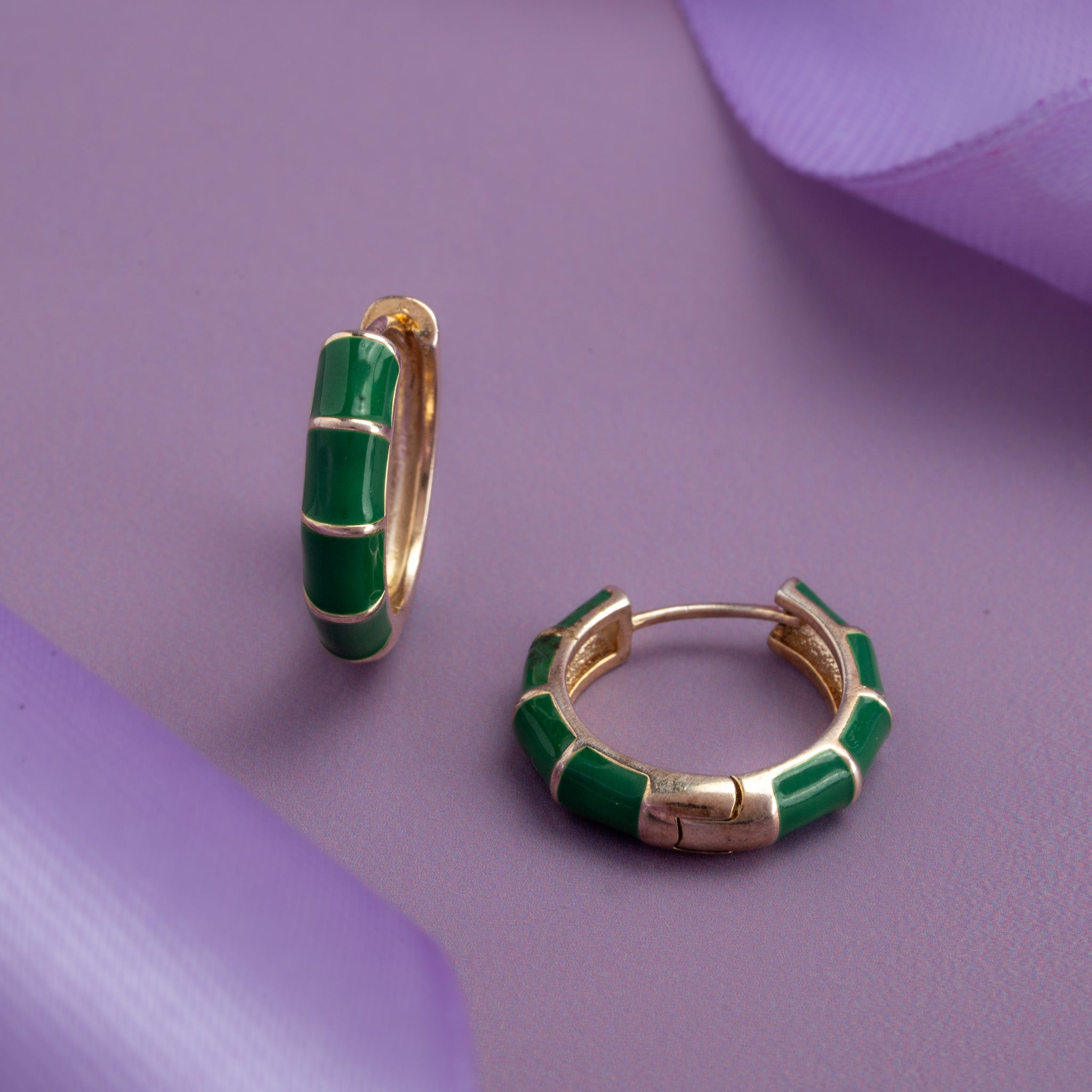 Gold plated green enamel hoop earrings
