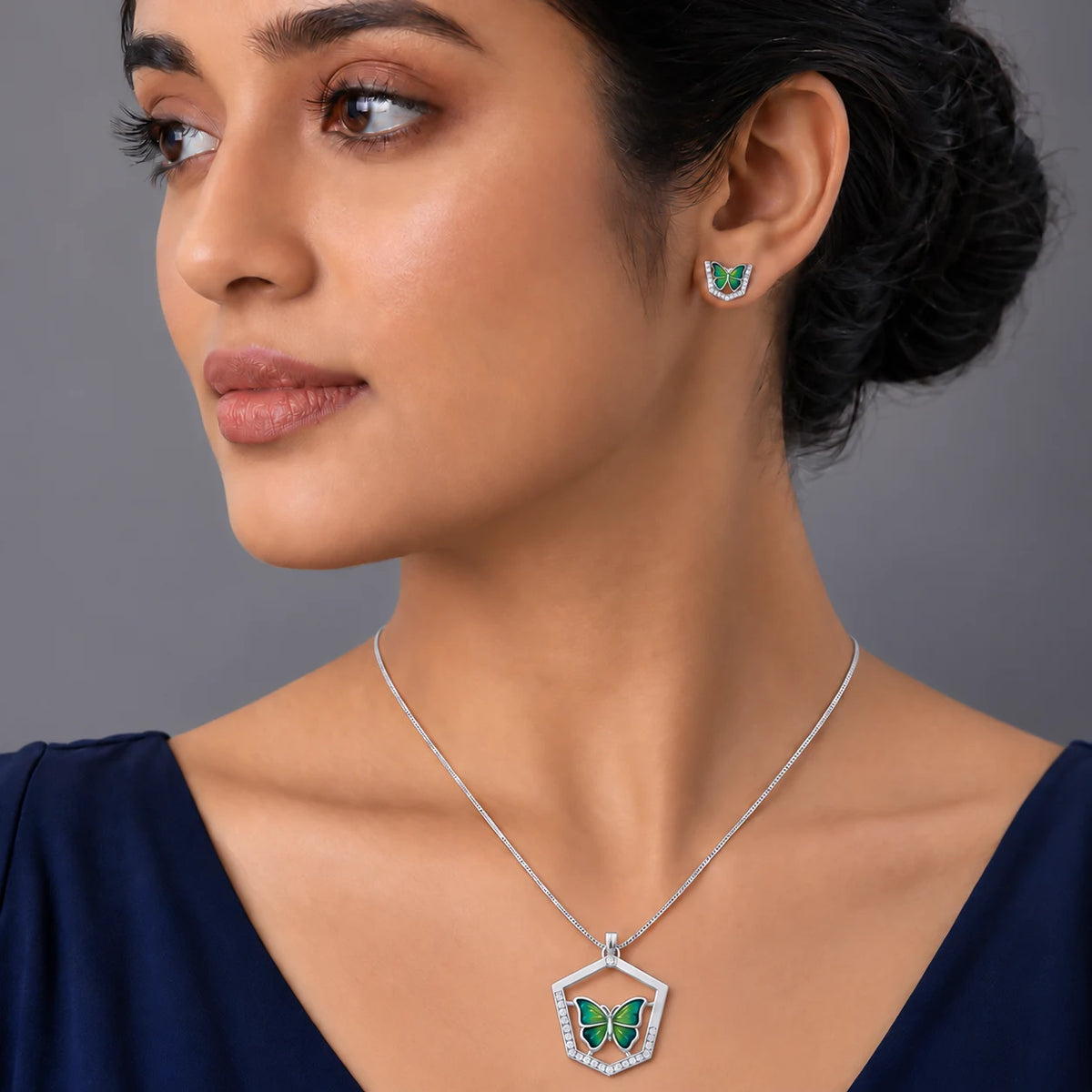Green Butterfly 925 silver Pendant Chain Set 
