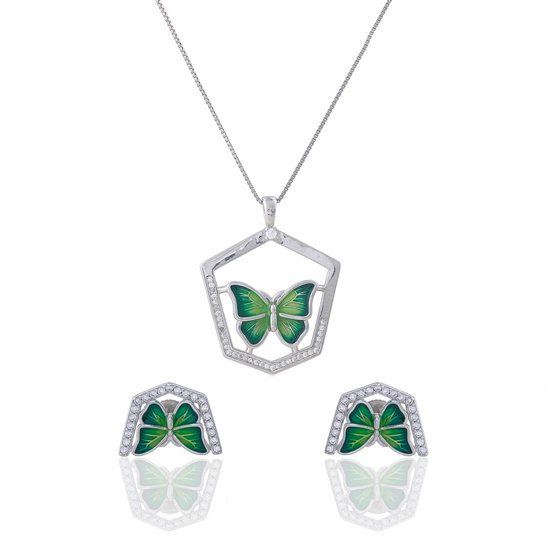 Green Butterfly Pendant Chain Set in 925 Sterling Silver Ishna