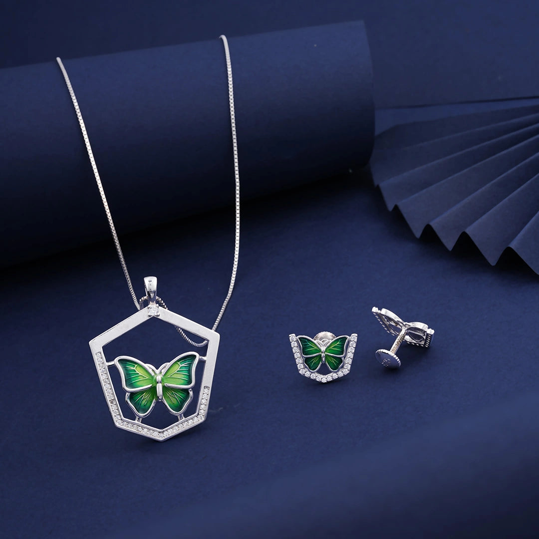 Green Butterfly Pendant​ Chain Set in Sterling Silver Ishna