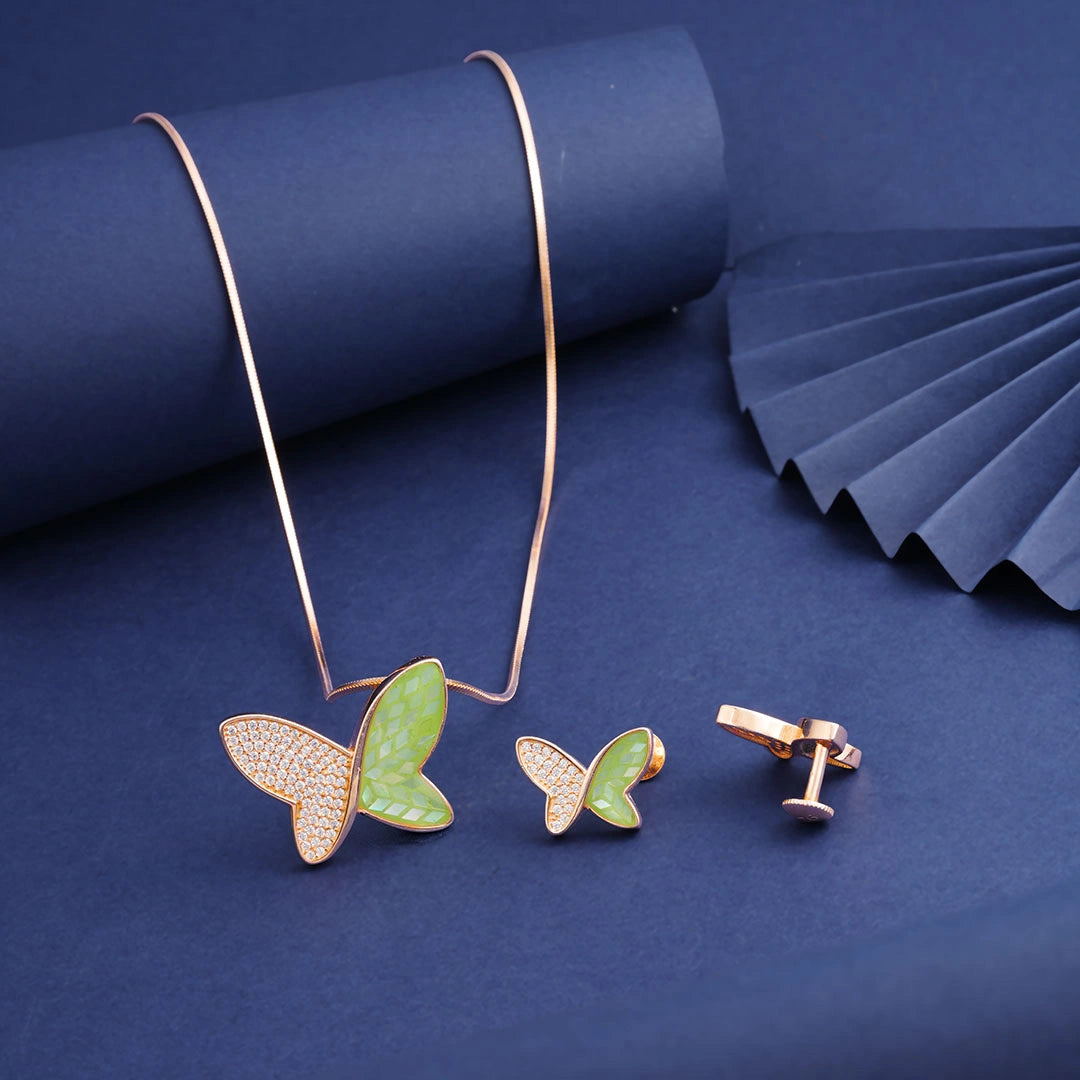 Green Butterfly Pendant Chain and Earrings in Rose Gold Silver Ishna