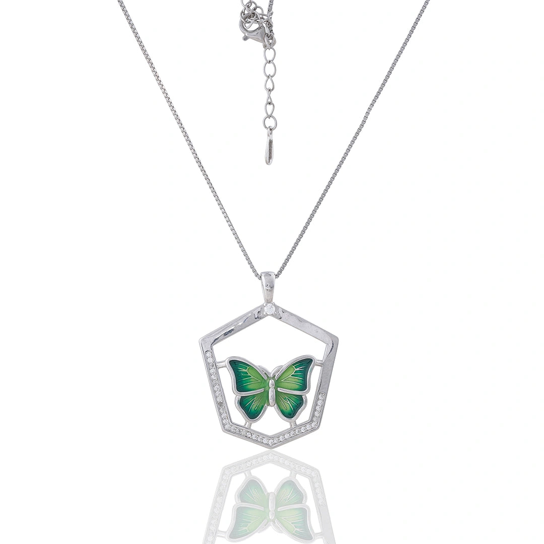 Green Butterfly Pendant and Earrings in 925 Sterling Silver Ishna