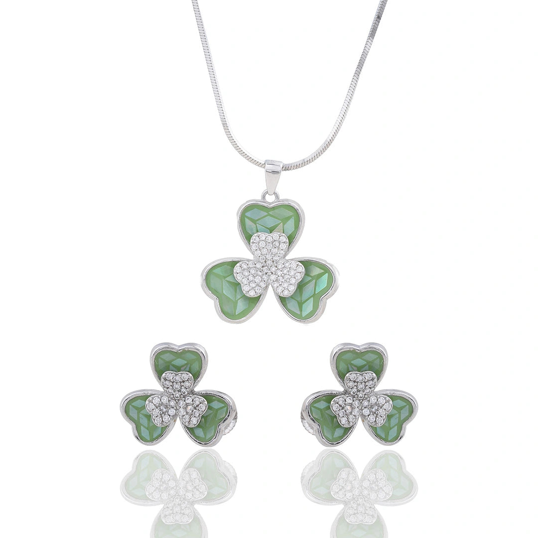 Green Clover Pendant Chain & Earrings Ishna