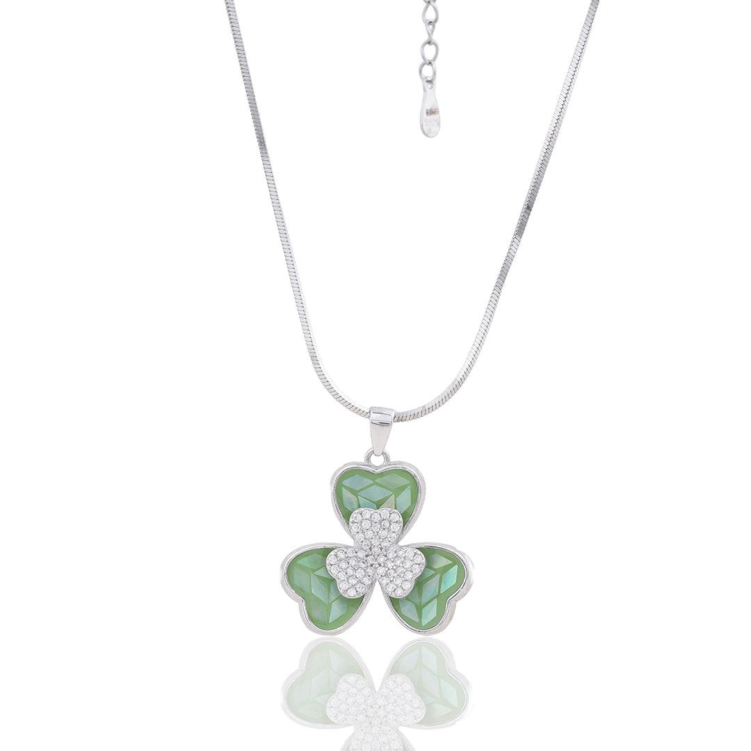 Green Clover Pendant Chain & Earrings in 925 Sterling Silver Ishna