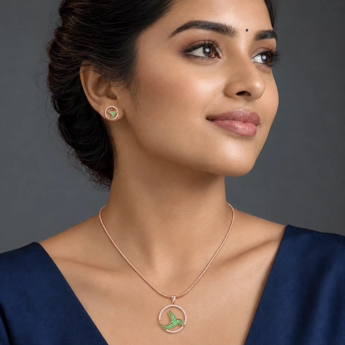 Green Whale Tail 925 silver Pendant Chain Set