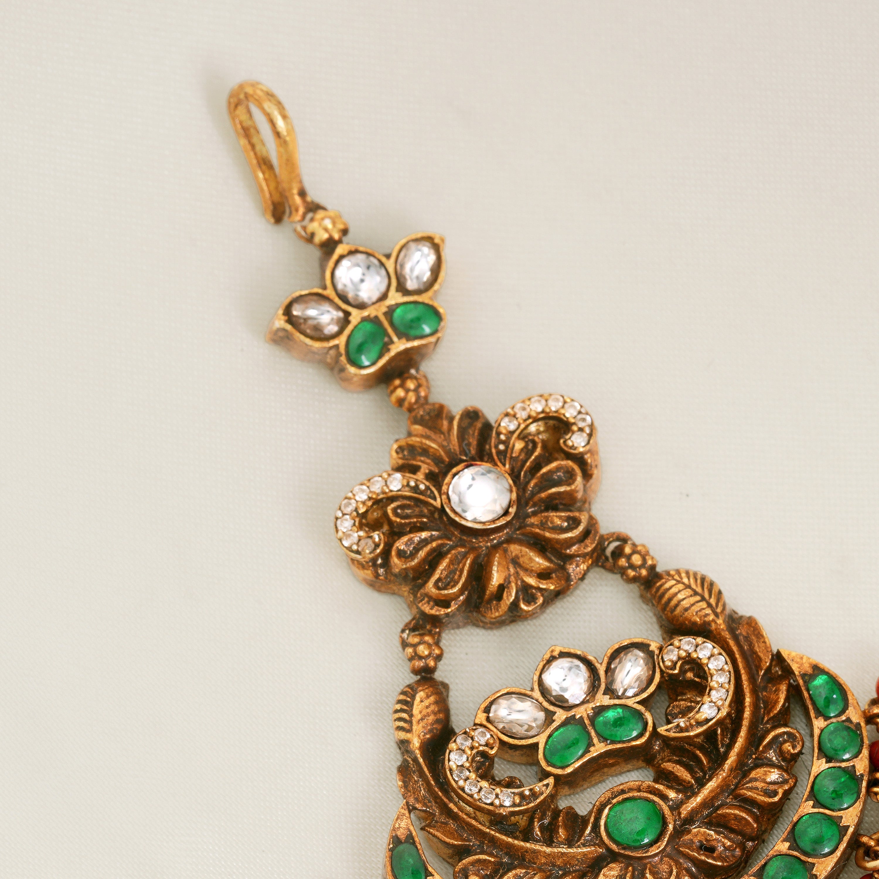 Green and Red Beaded Temple Jewellery Headpiece Ishna
