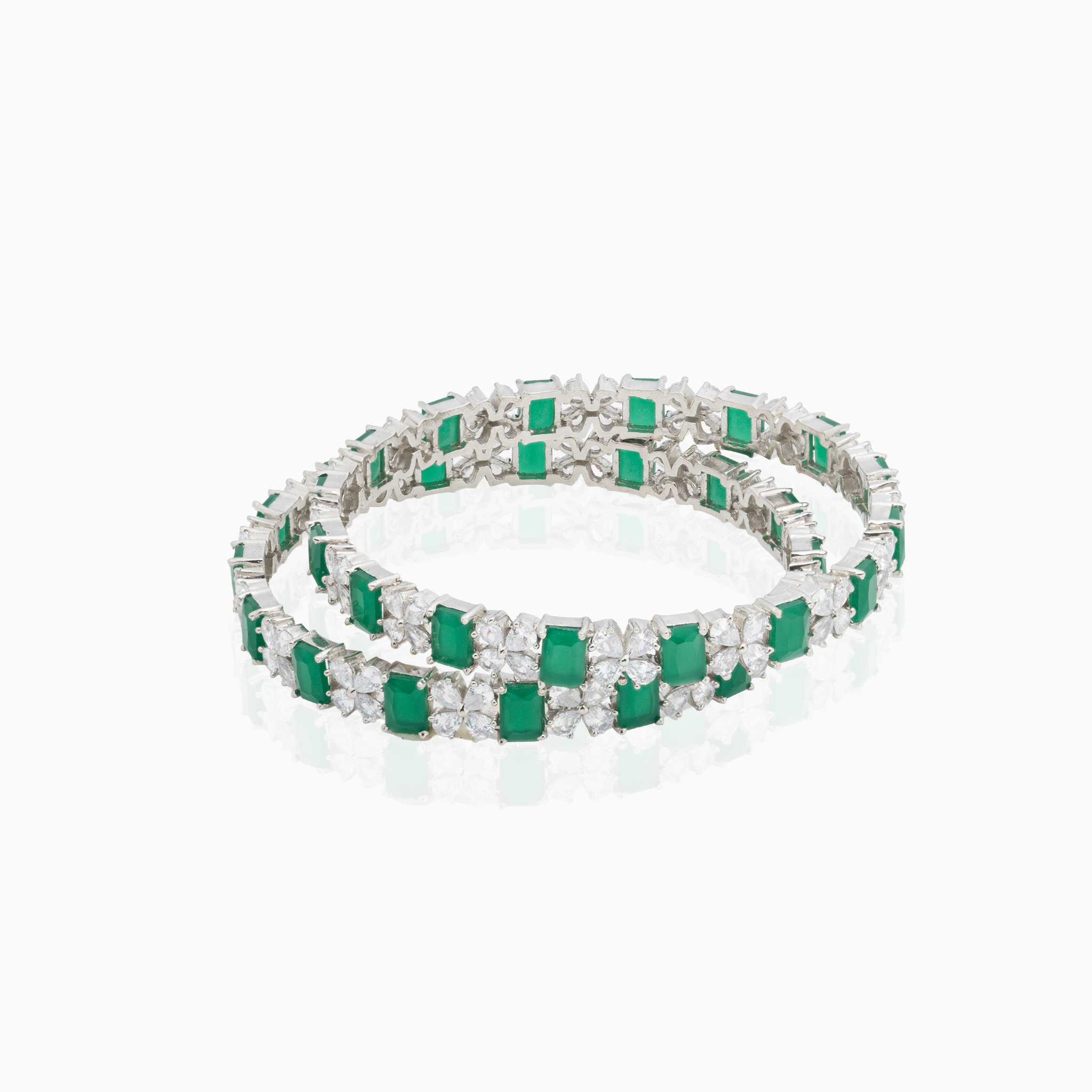 Green and white stone silver bangles
