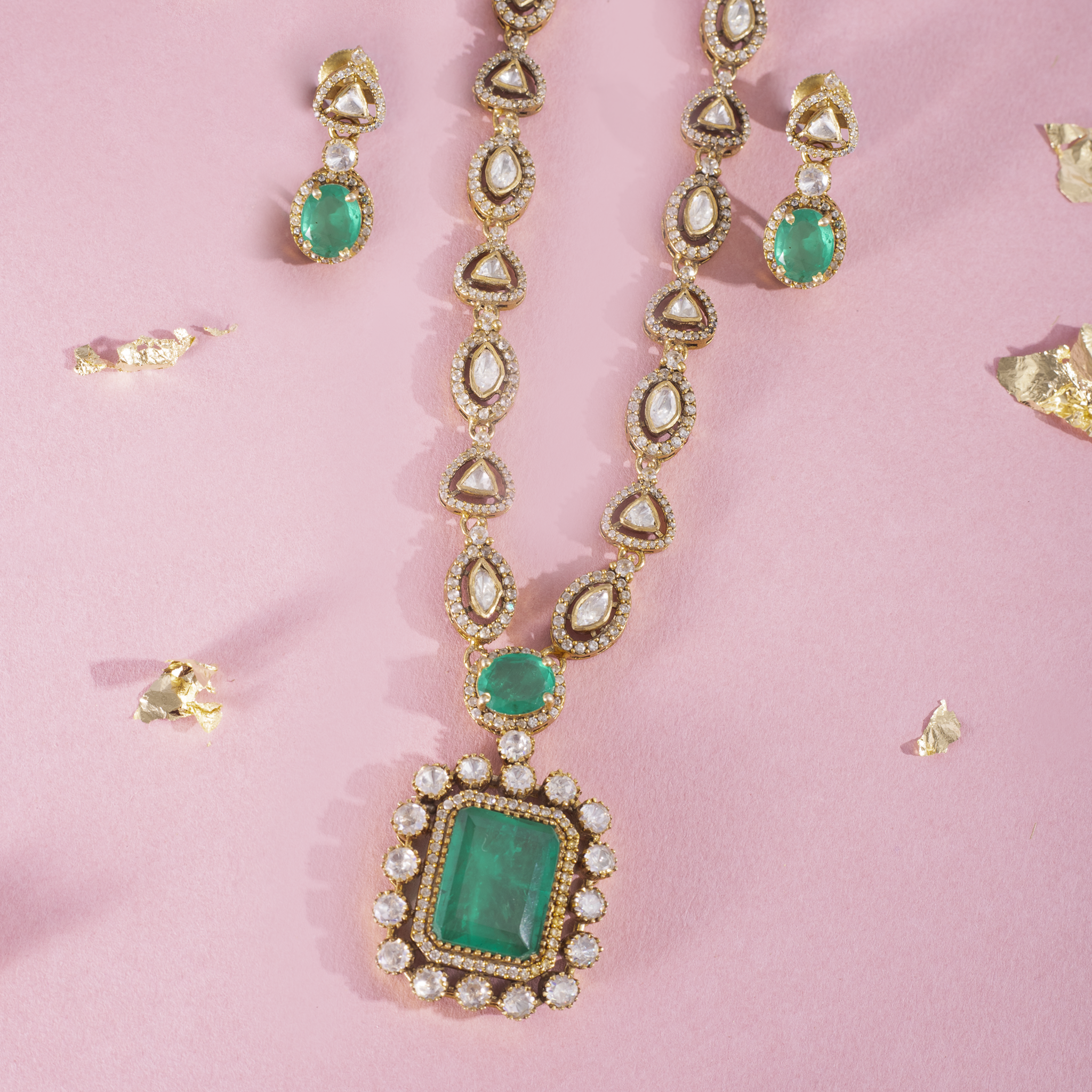 Green emerald stone gold plated necklace