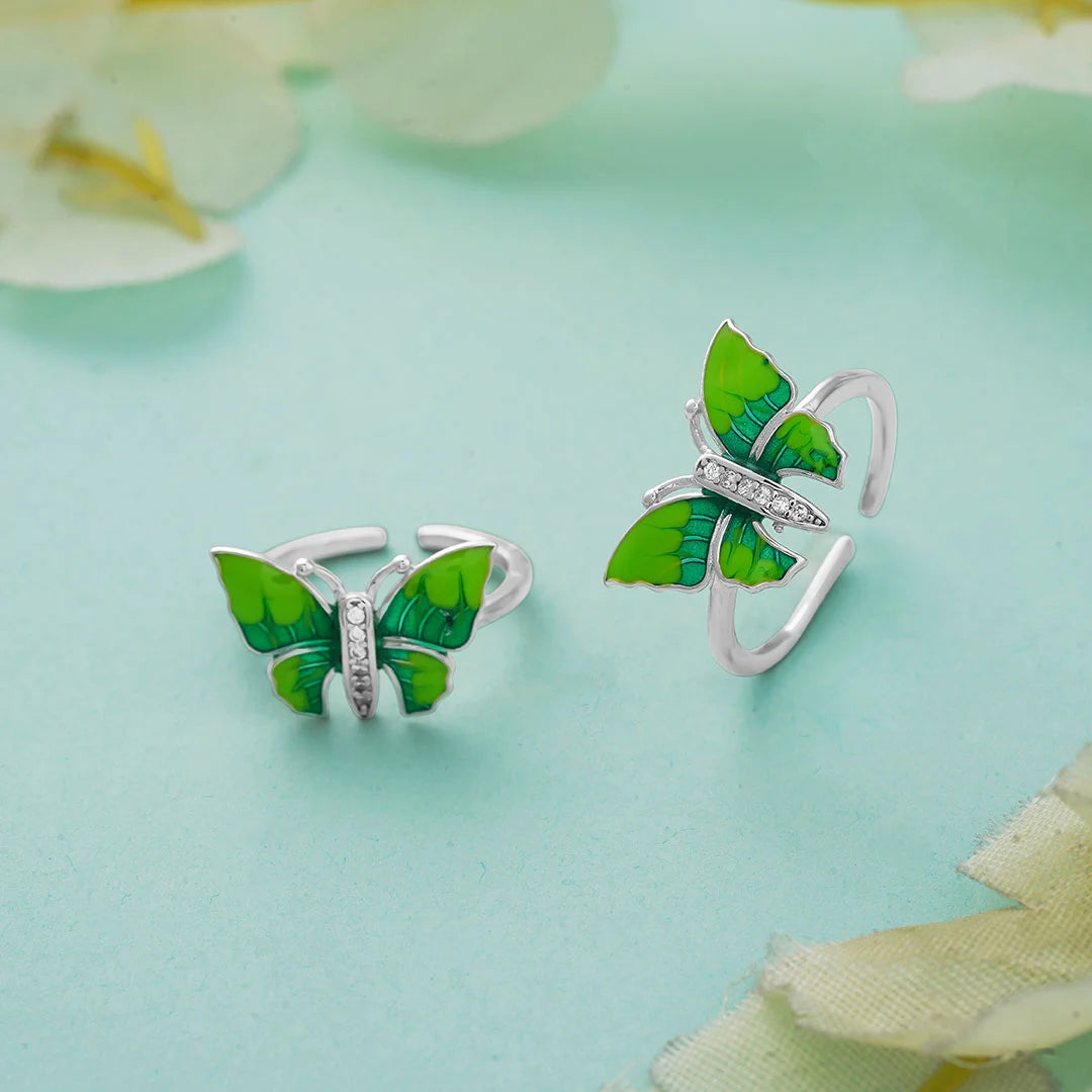 Green enamel butterfly toe ring for women