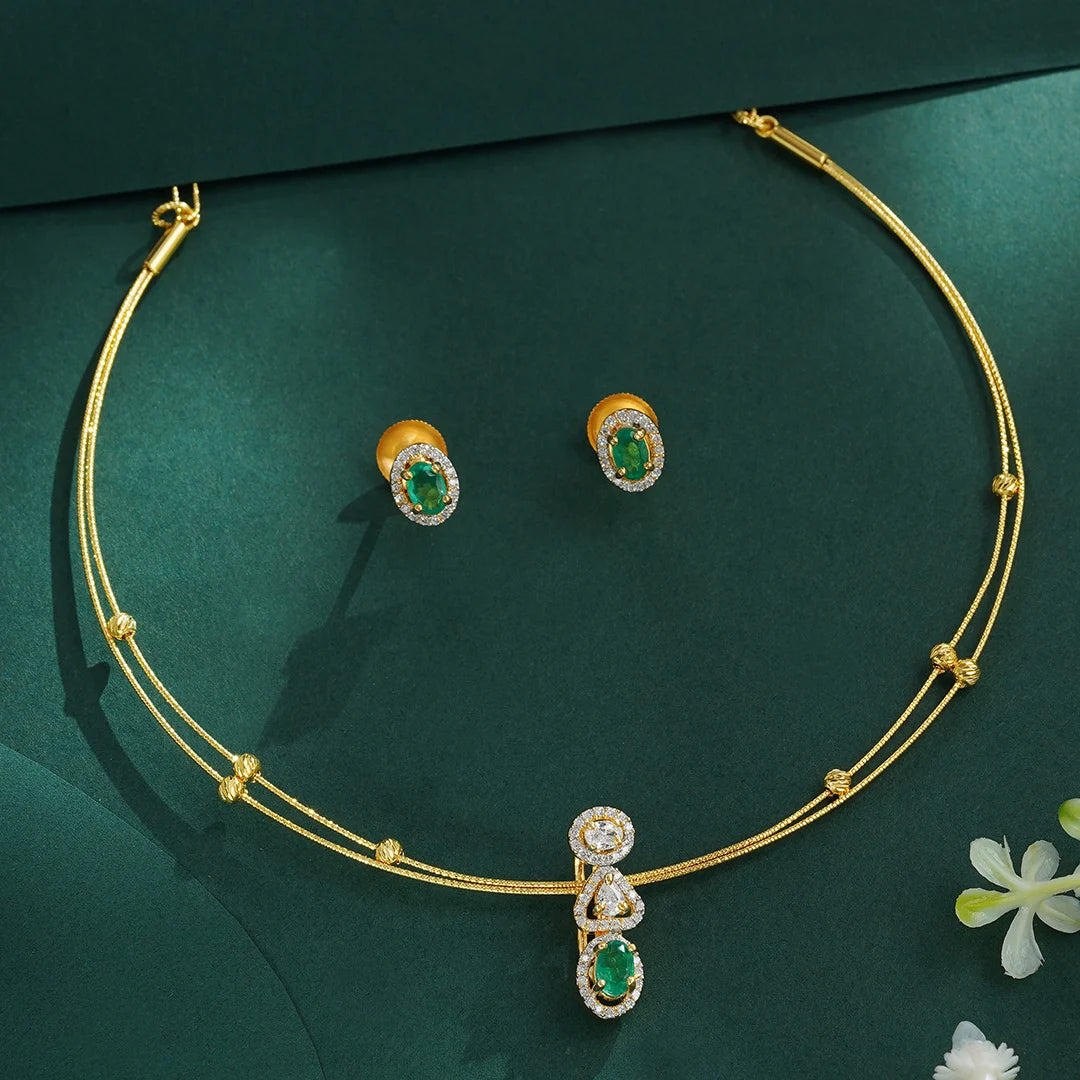 Green oval stone string necklace set