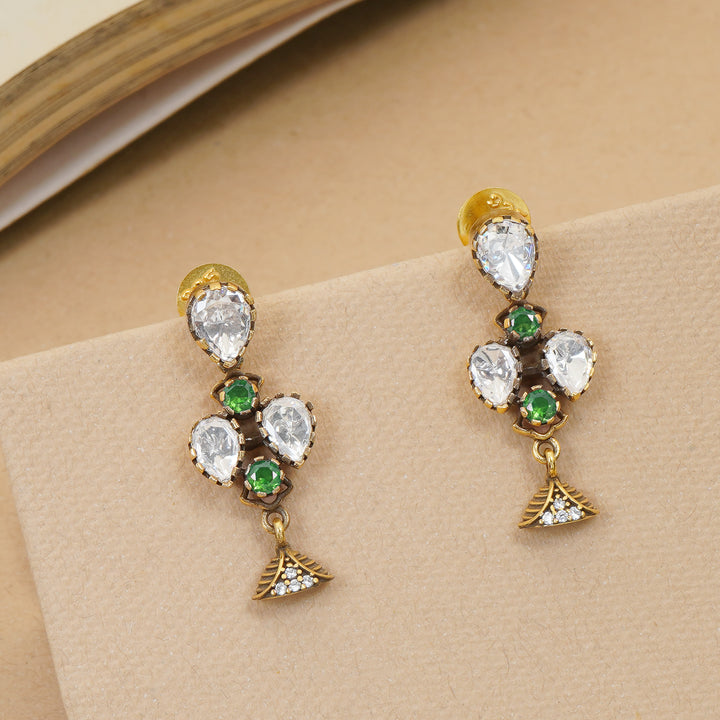 Green stone silver drop stud earrings