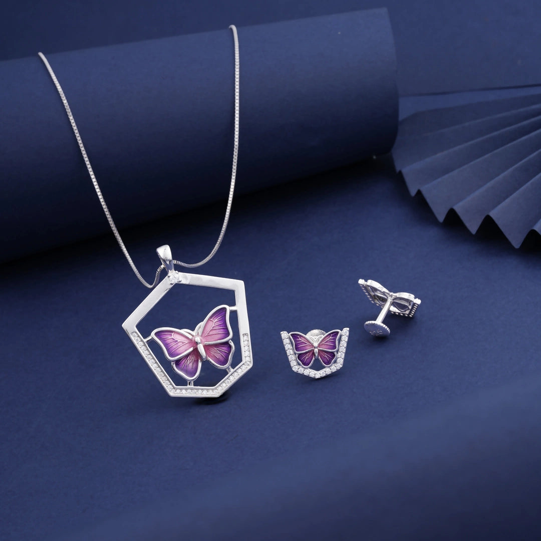 Halo Butterfly Pendant Chain Set in Sterling Silver Ishna
