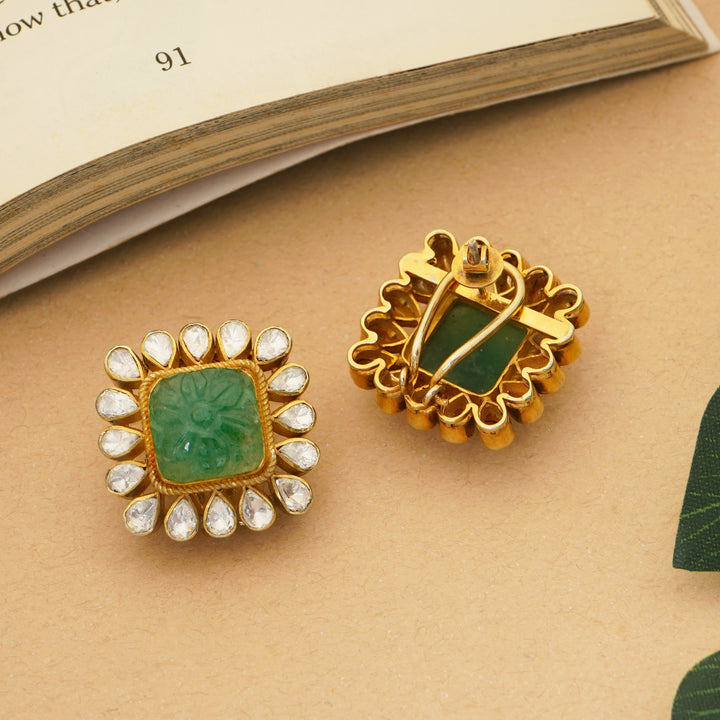 Hand-carved green stone silver earrings