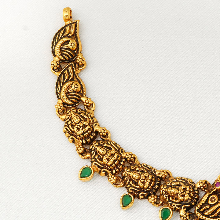 Handcrafted Indian temple jewellery with goddess Lakshmi and peacock motifs