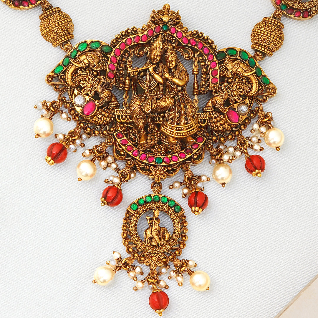 Handcrafted Krishna pendant necklace in antique temple jewellery style