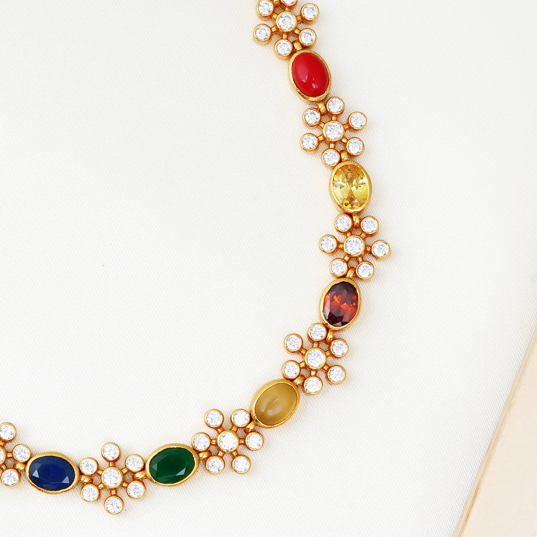 Handcrafted Navarathna necklace with floral crystal detailing in traditional Indian design