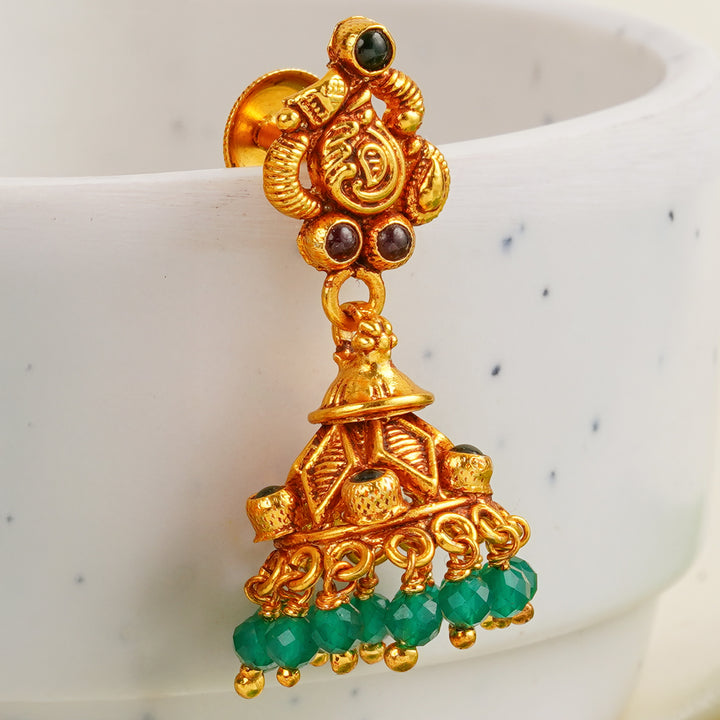 Handcrafted temple jewellery jhumkas with green beads