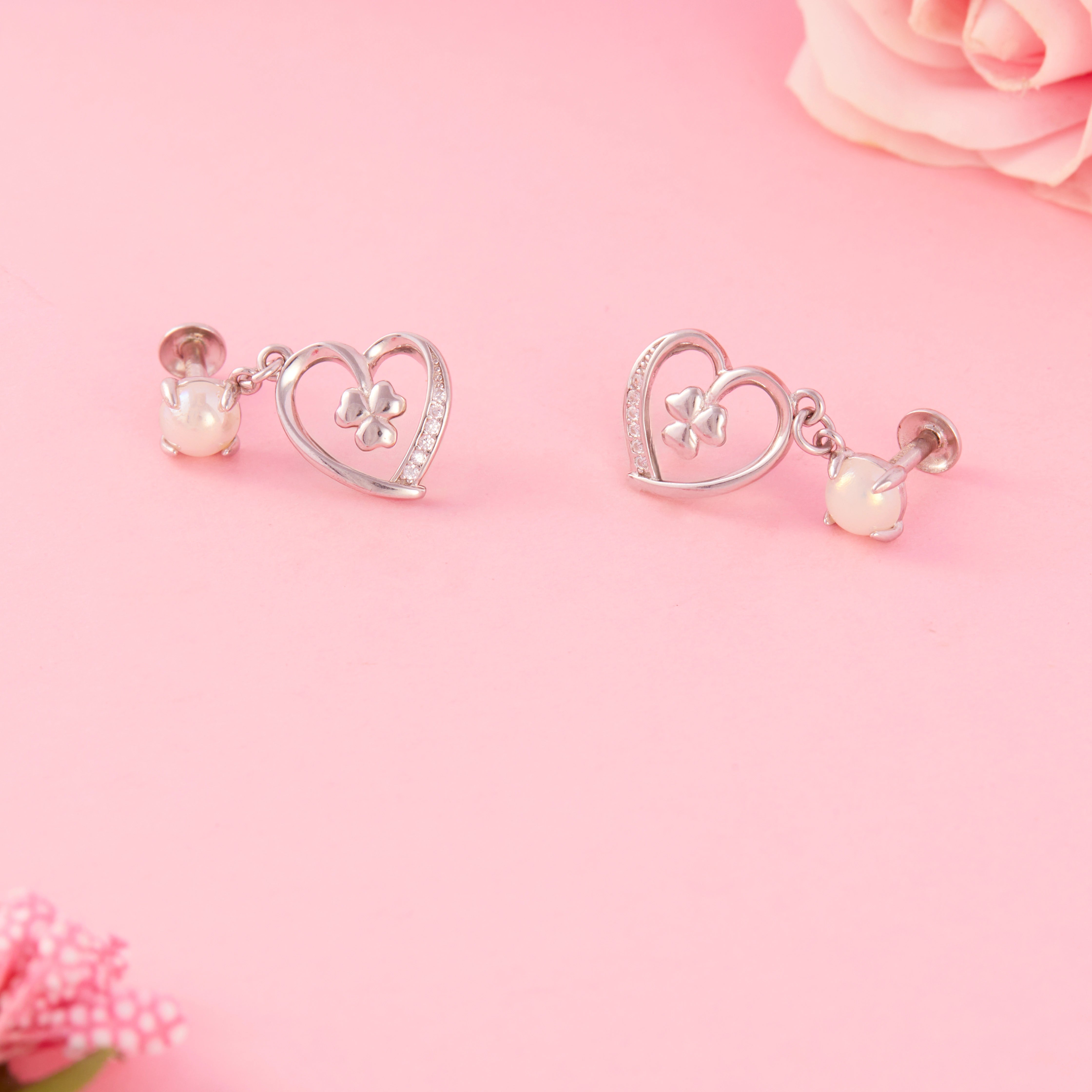 Heart Clover Pearl Drop Stud Earring Ishna