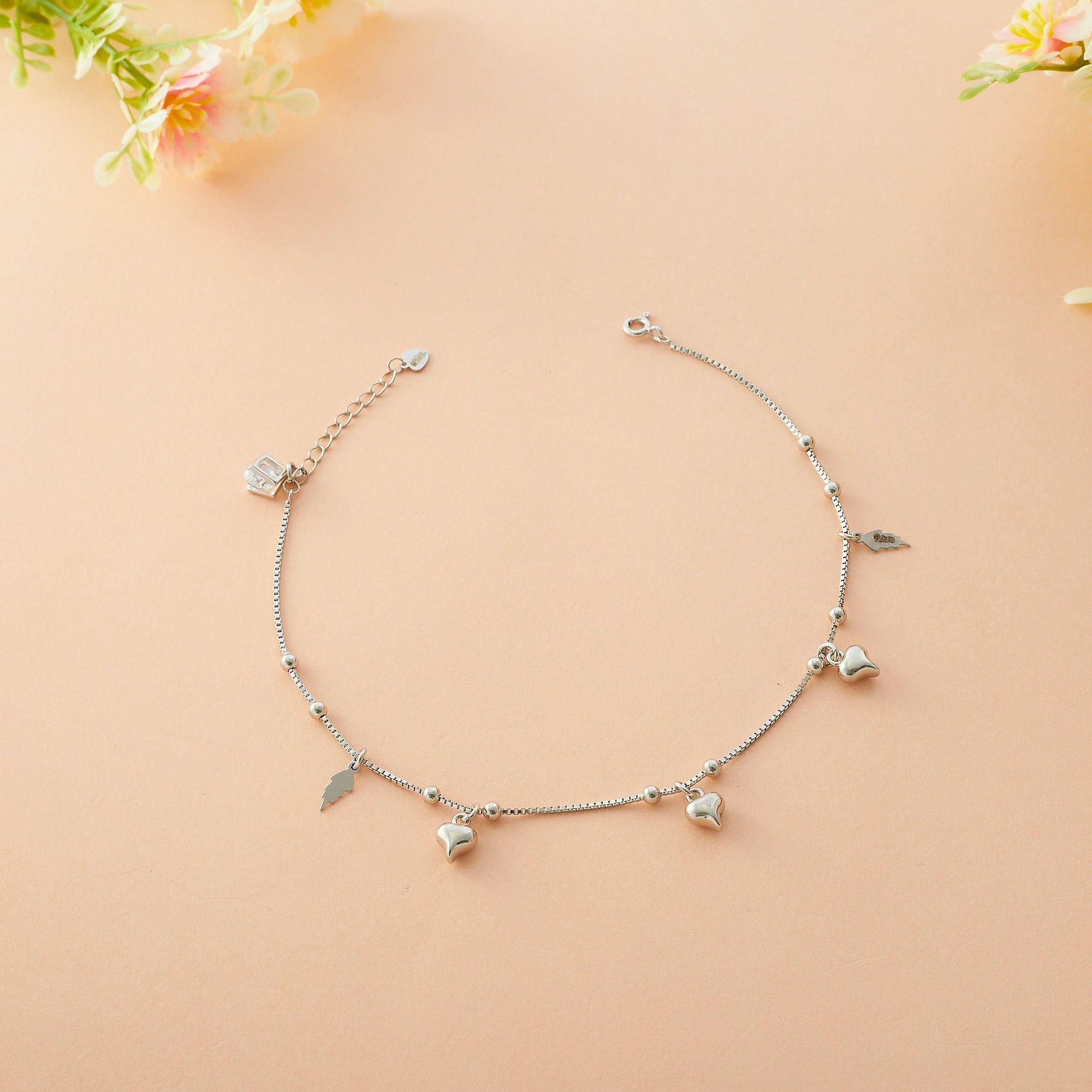Heart Leaf Silver Motif Anklet Ishna