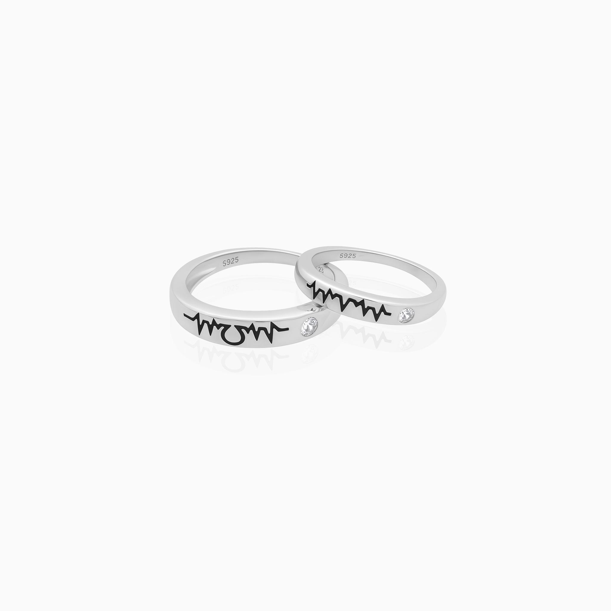 Heartbeat silver couple rings