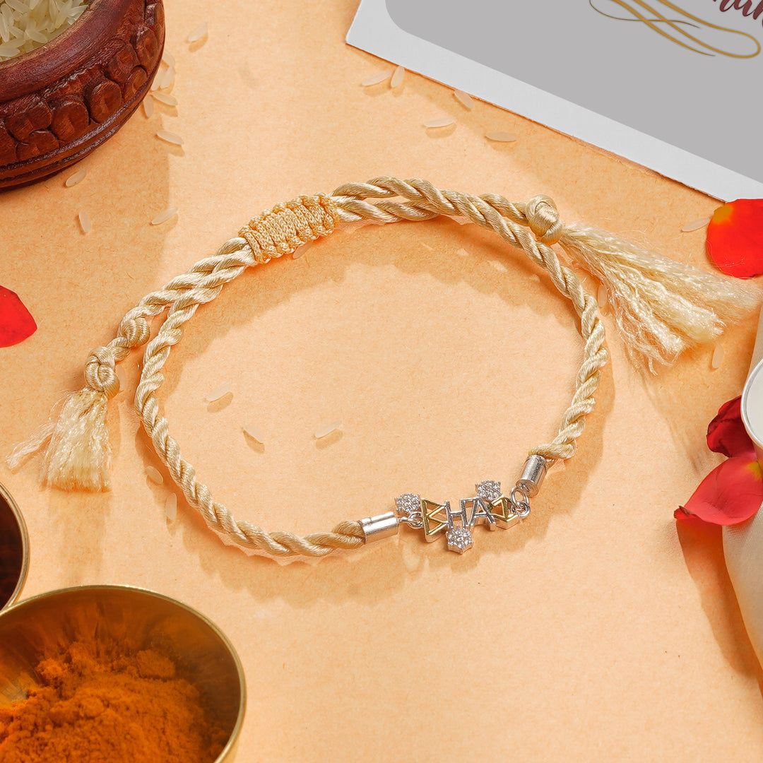 ISHNA 925 Silver Bhai Rakhi with Cream Golden Thread