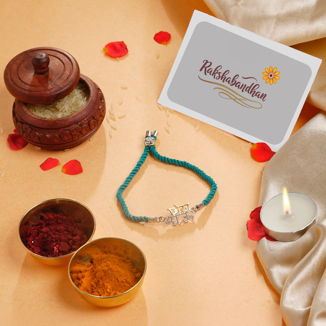 ISHNA 925 Silver Chota Bhai Rakhi with Green Thread