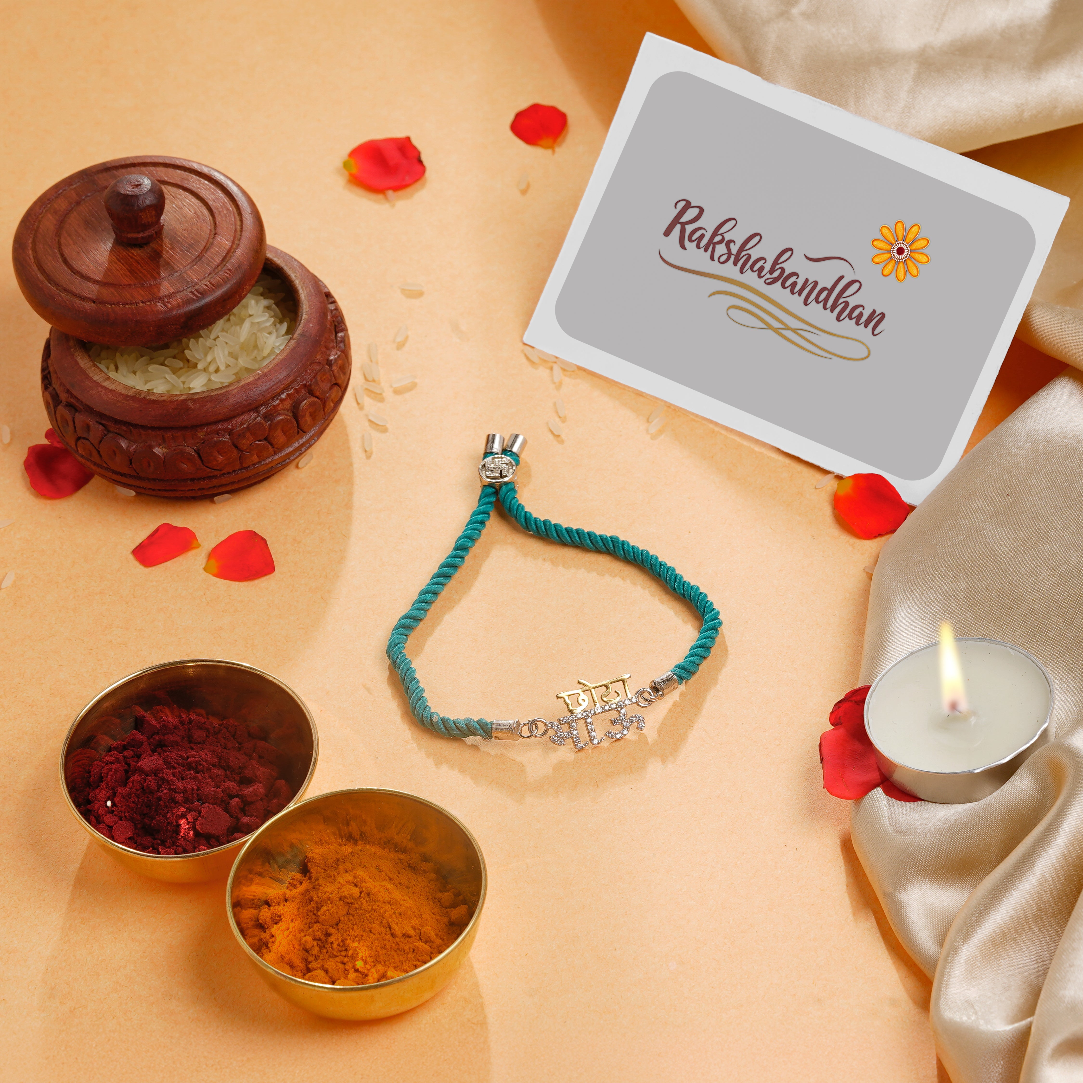 ISHNA 925 Silver Chota Bhai Rakhi with Green Thread