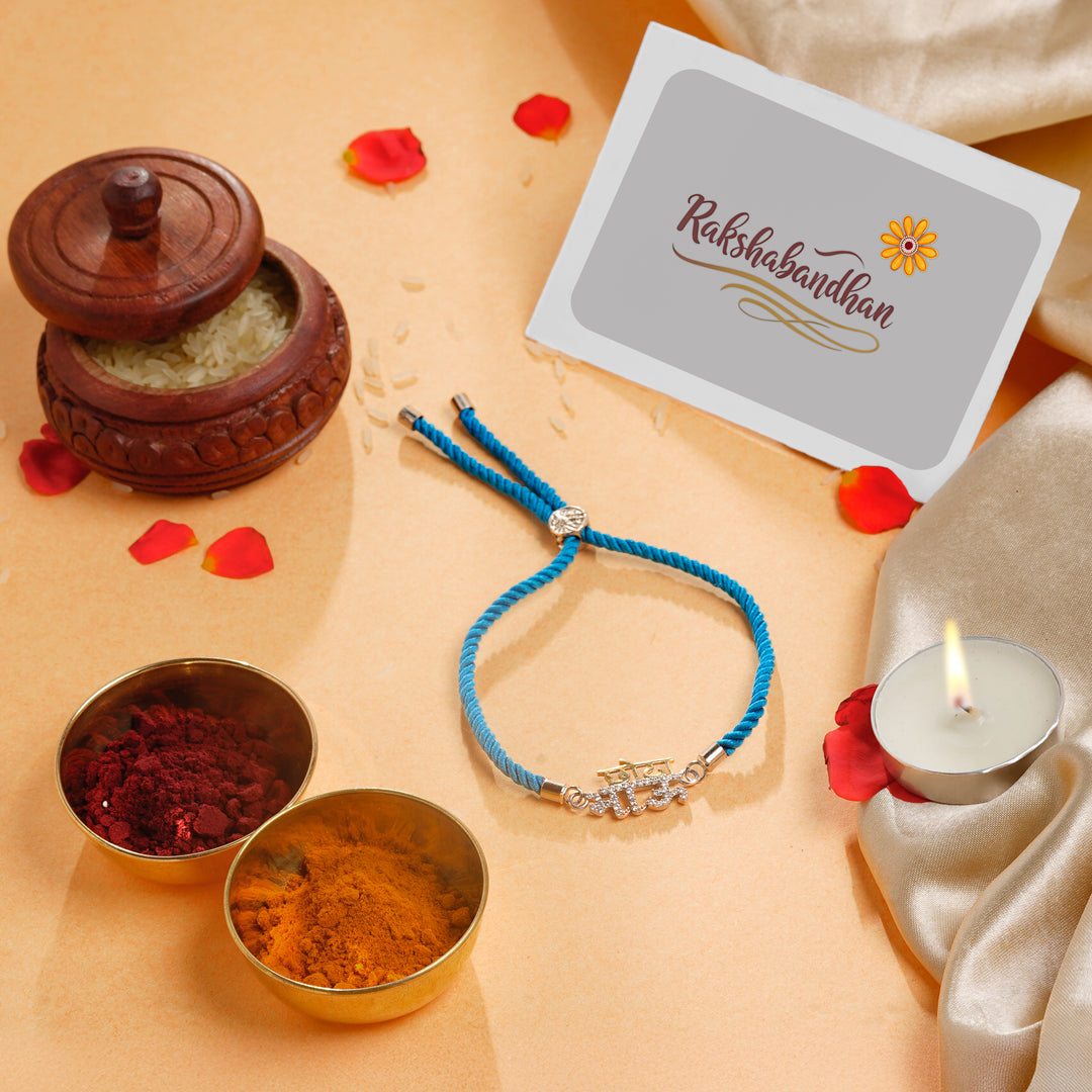 ISHNA 925 Silver Hindi Bhai Rakhi with Blue Thread