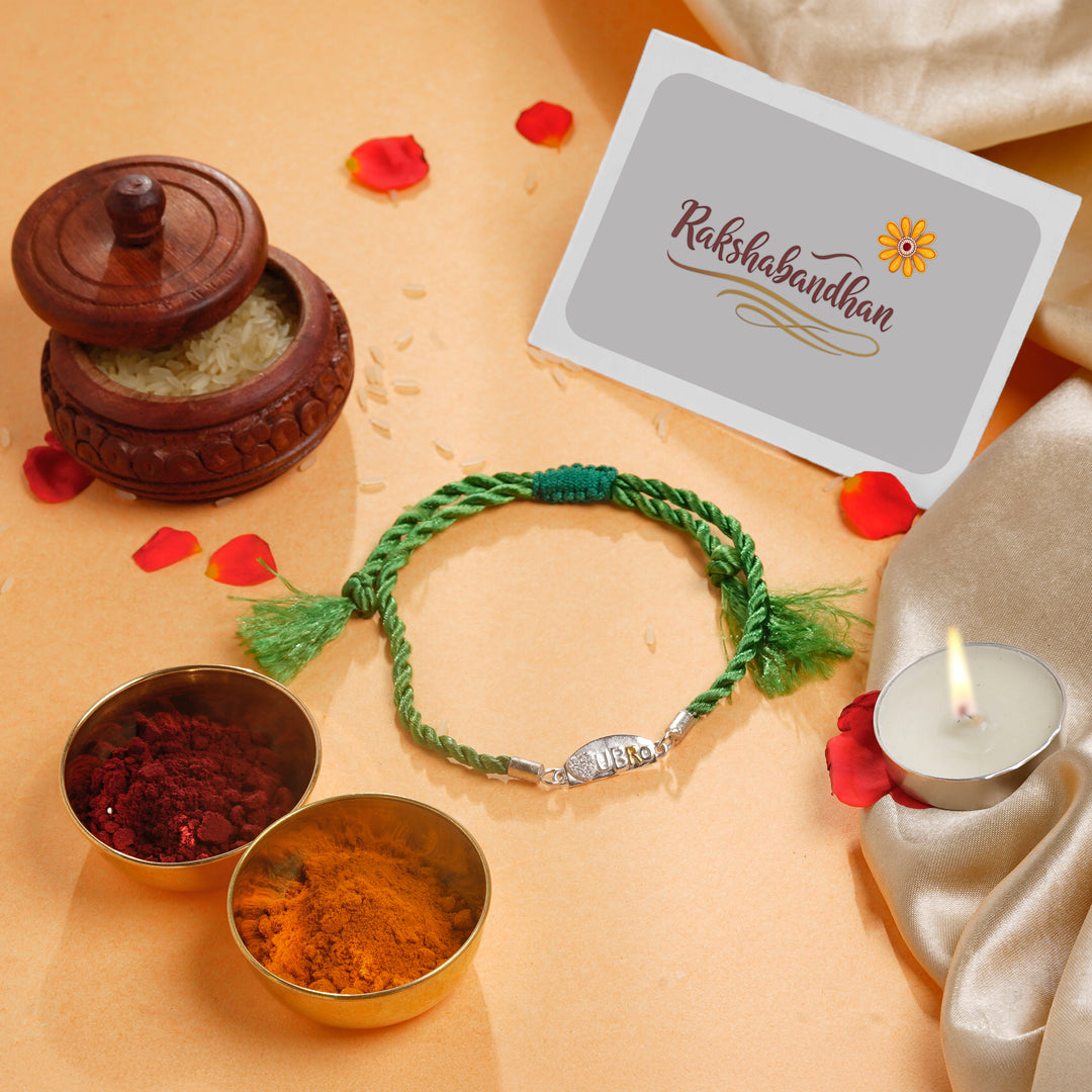 ISHNA 925 Silver Luv U Bro Rakhi with Green Thread