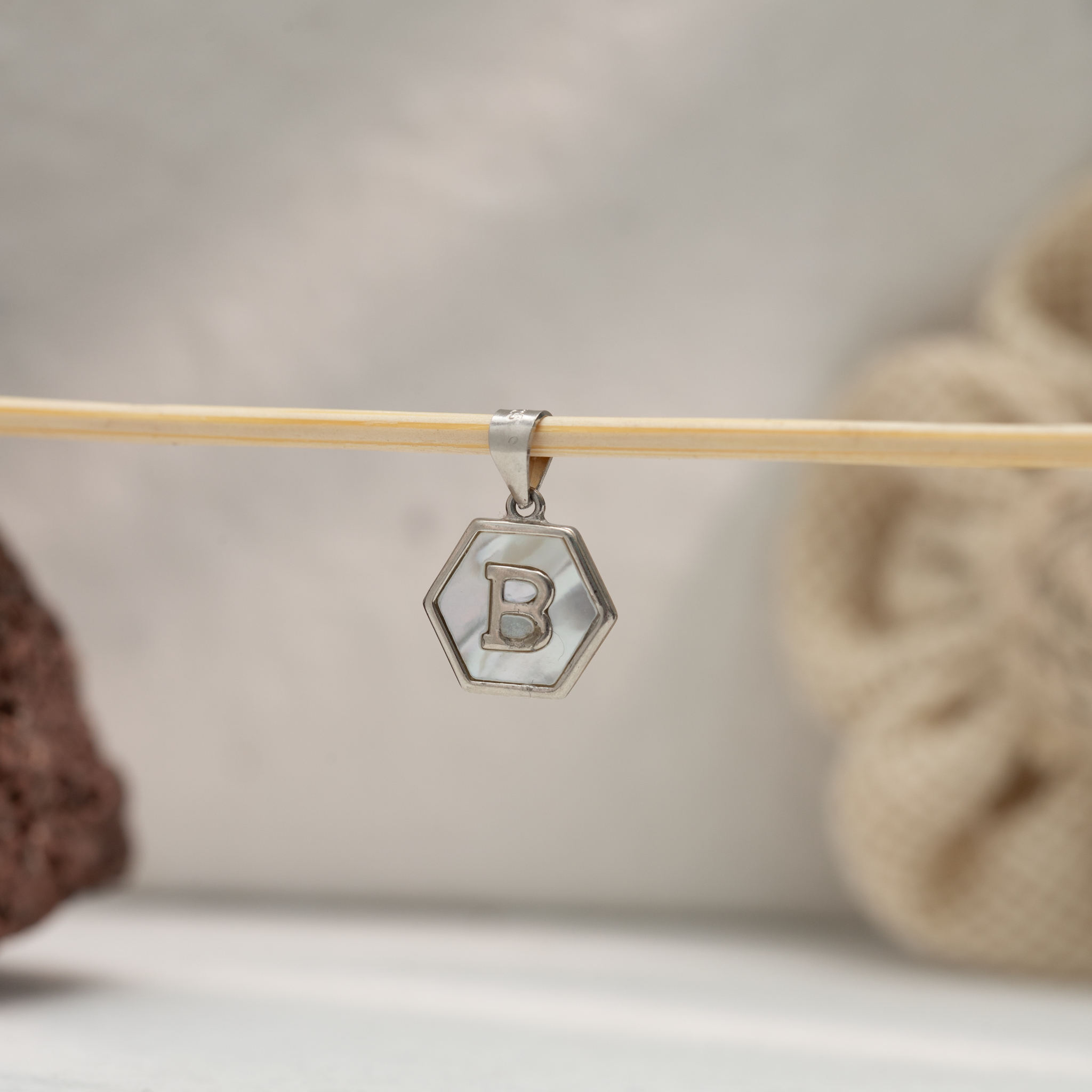 Initial B hexagon silver charm pendant