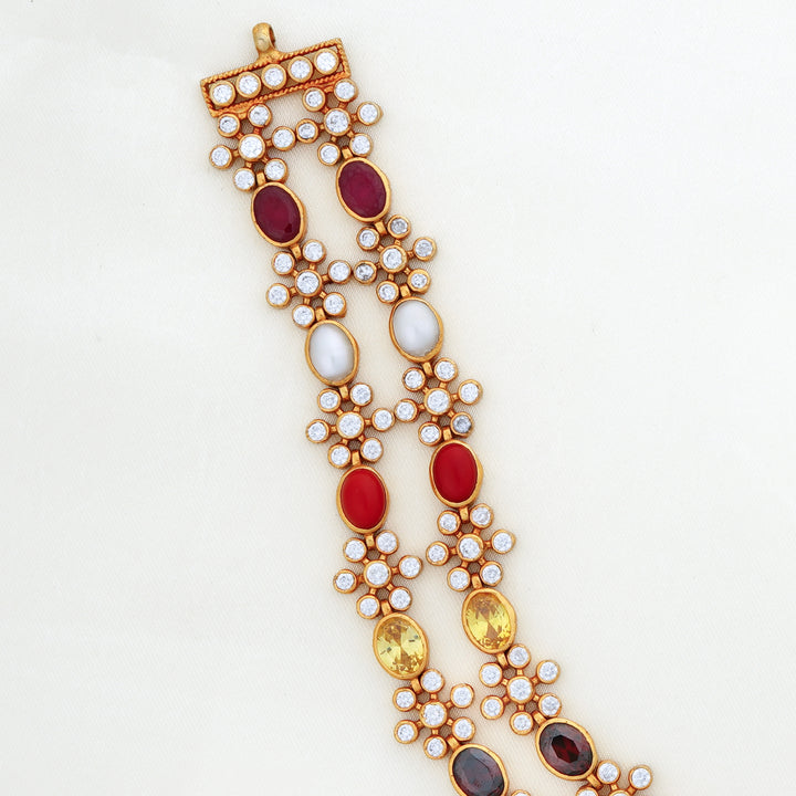 Ishna floral motif gold necklace with nine navaratna stones