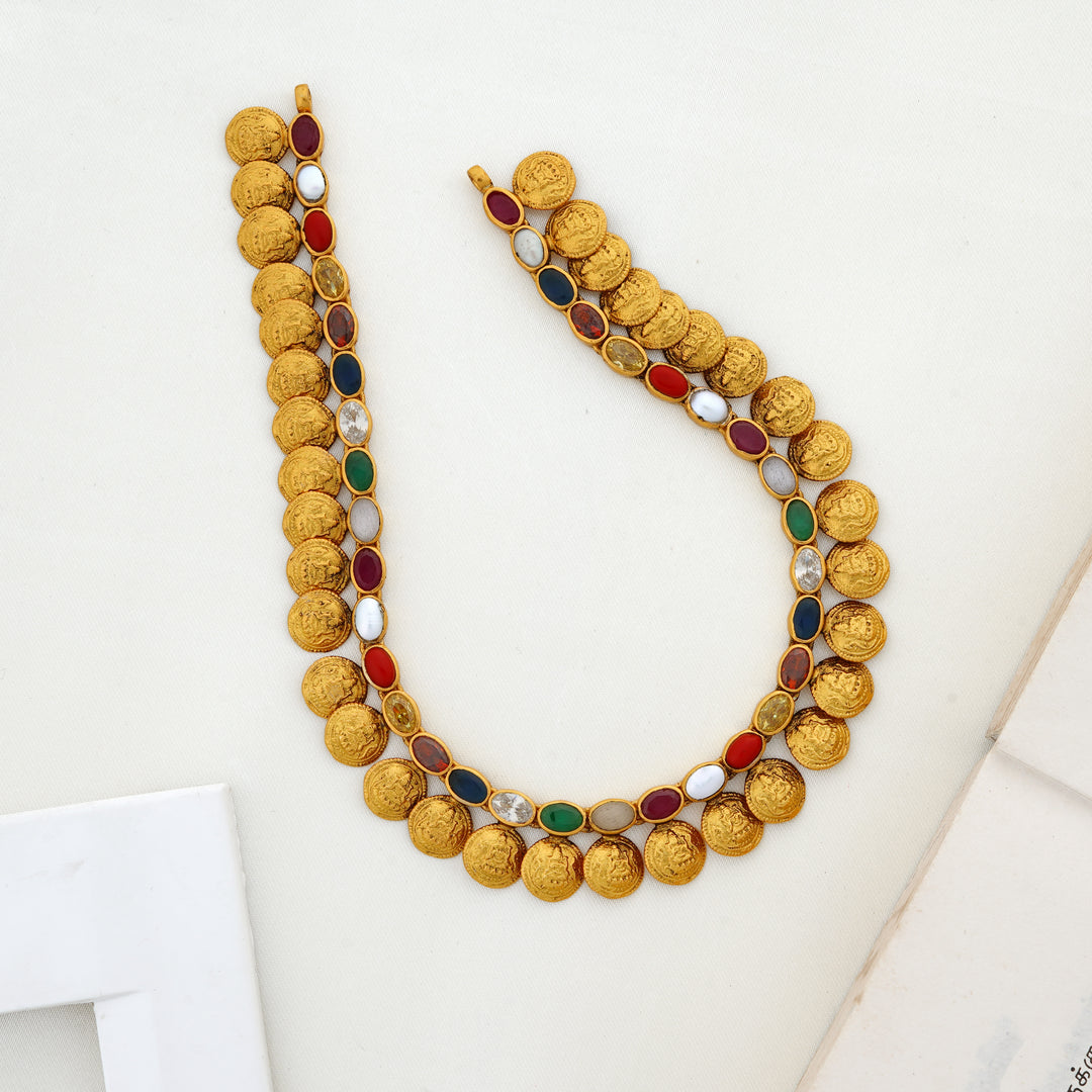 Kasu necklace with Navaratna stones and antique finish