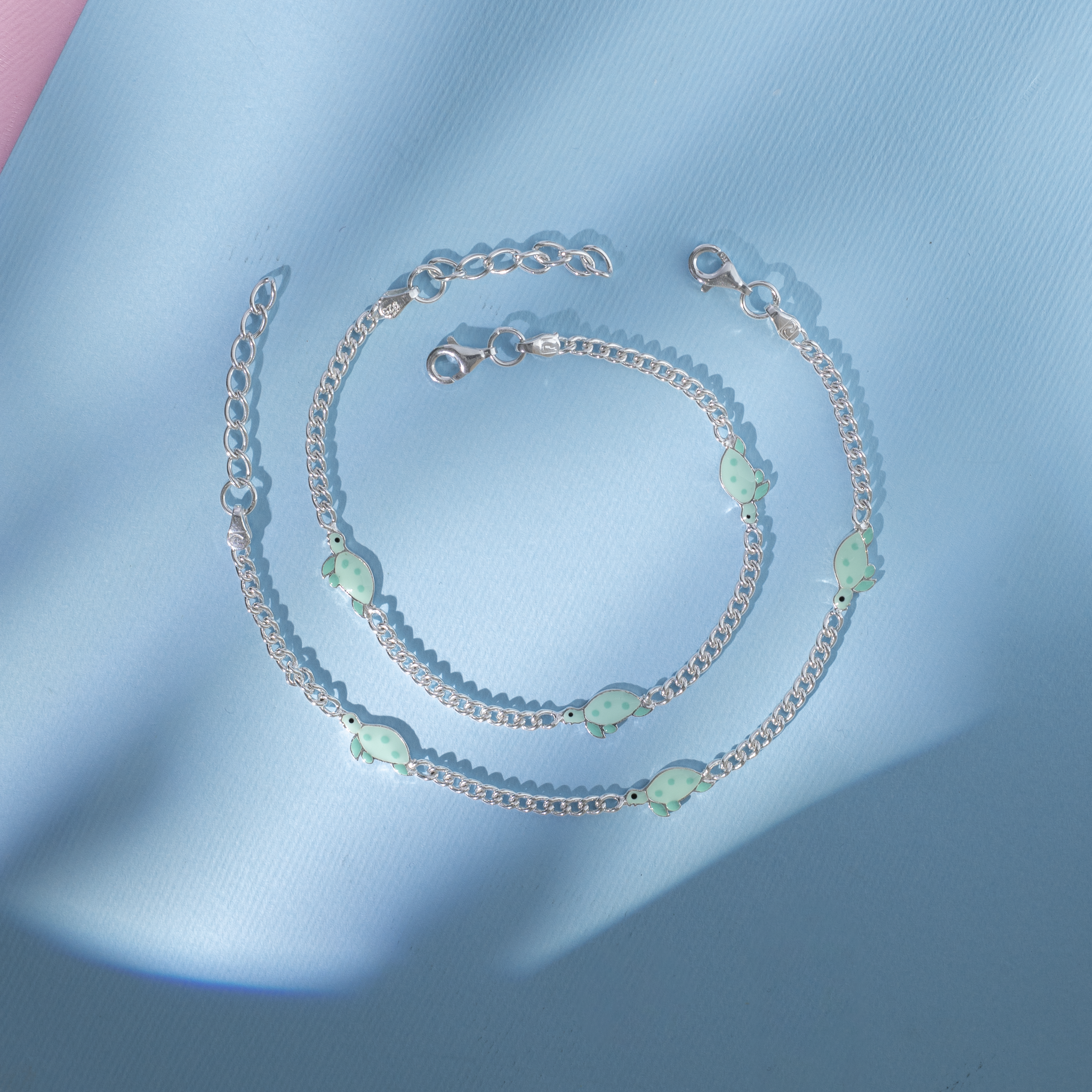 Kids enamel turtle silver anklet
