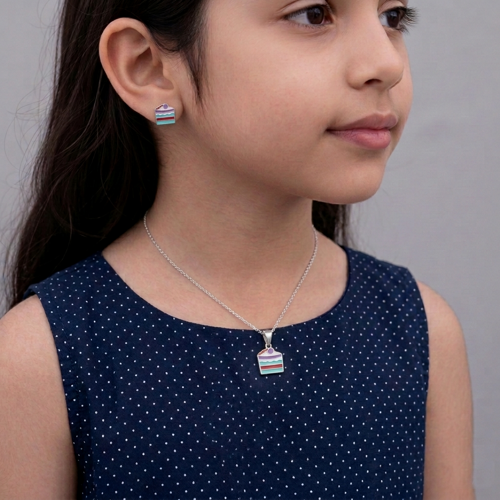 Kids silver cake pendant with matching cake stud earrings Ishna