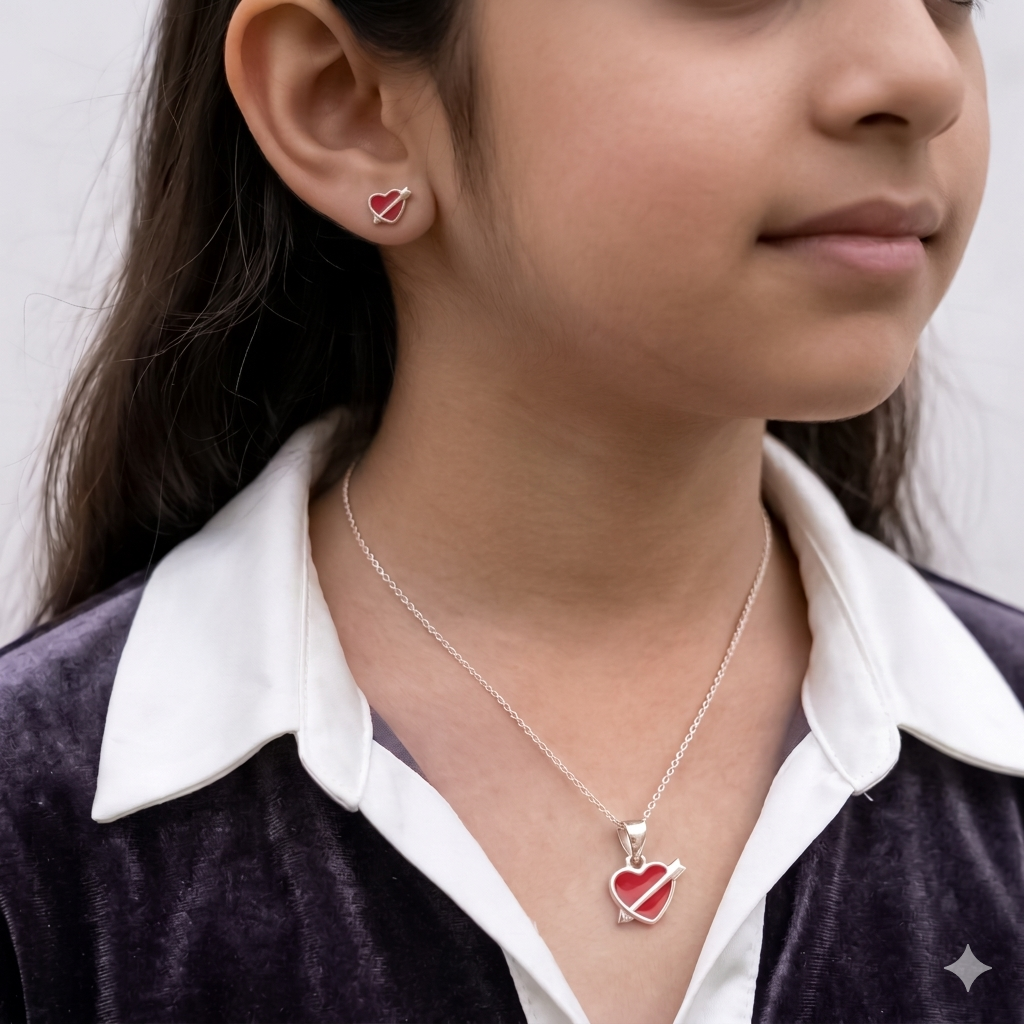 Kids silver heart arrows pendant with matching stud earrings Ishna