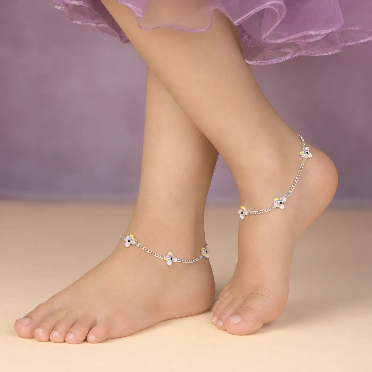 Kids sterling silver anklet with unicorn motif charms Ishna