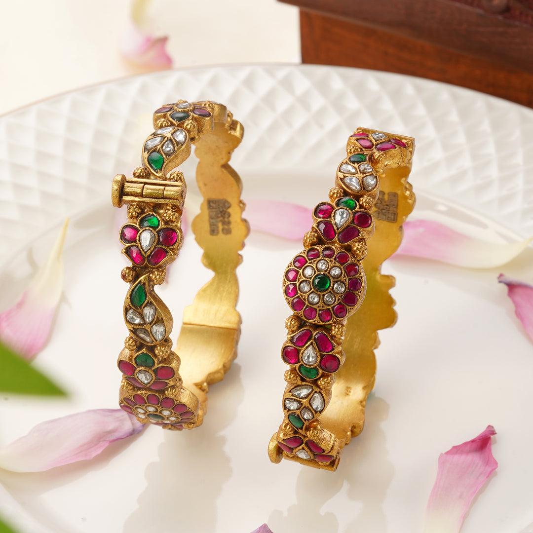 Kundan stone work gold plated bangles screw type for women