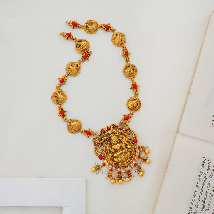 Lakshmi Annam Necklace with Coral Stones and Antique Gold – Ishna
