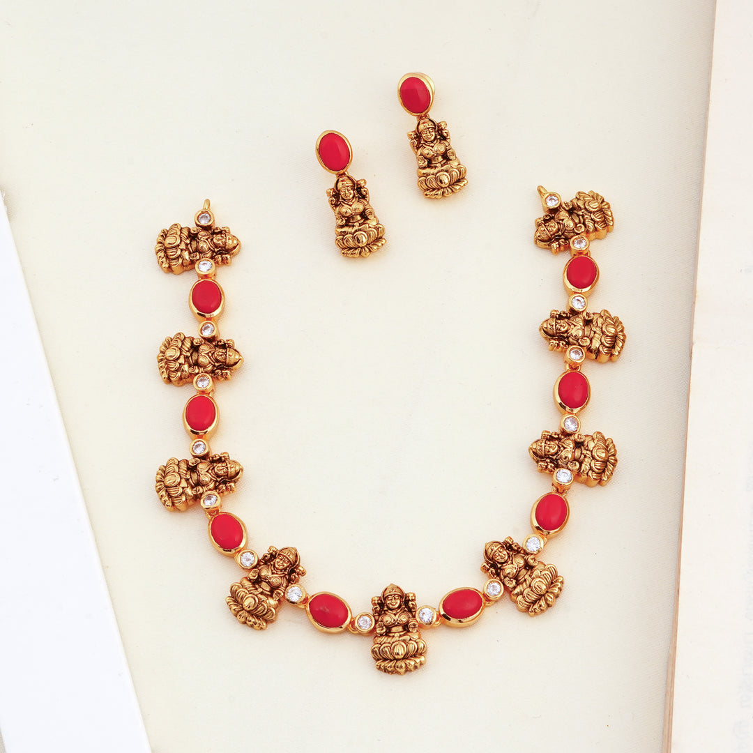 Lakshmi Coral Stone Gold Necklace with Stud Earrings