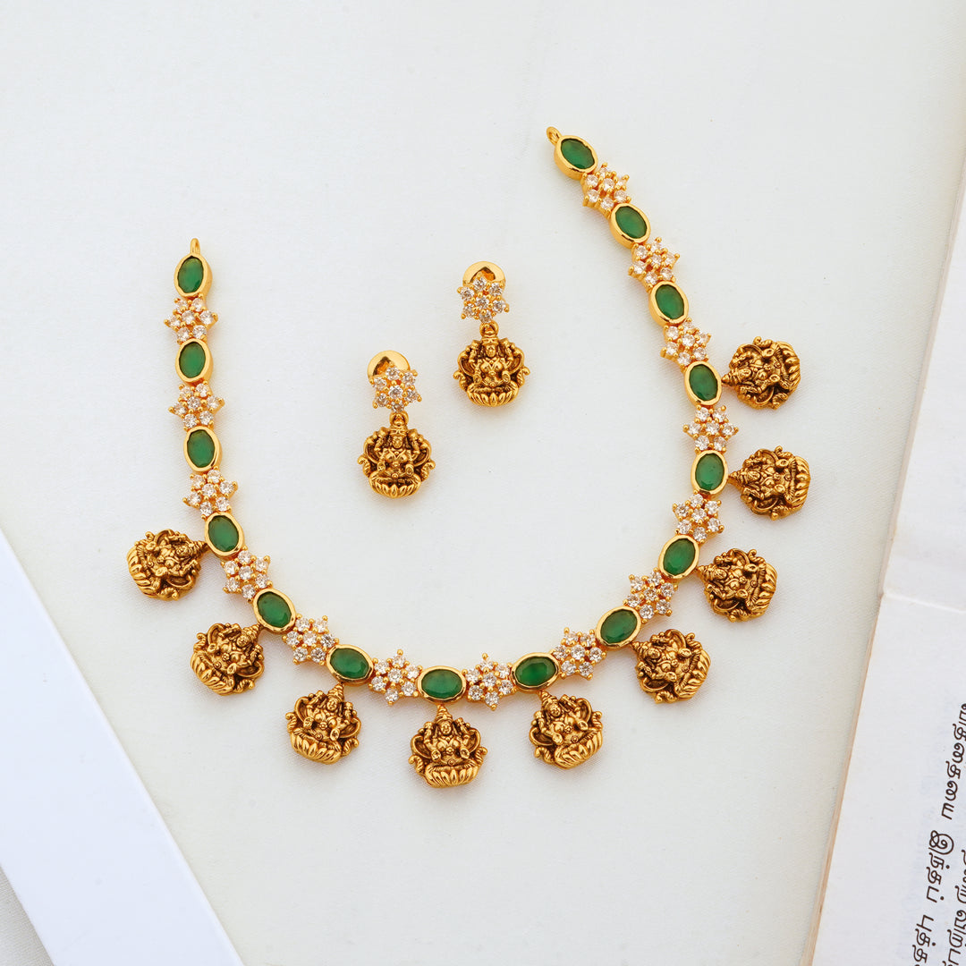 Lakshmi Emerald Stone Temple Jewellery Necklace with Studs