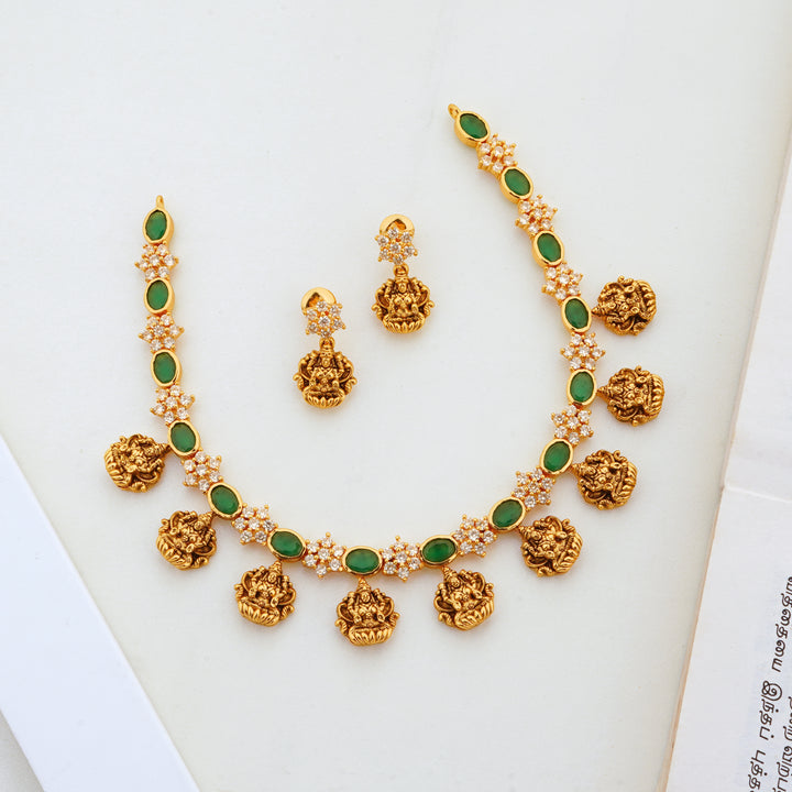 Lakshmi Emerald Stone Temple Jewellery Necklace with Studs