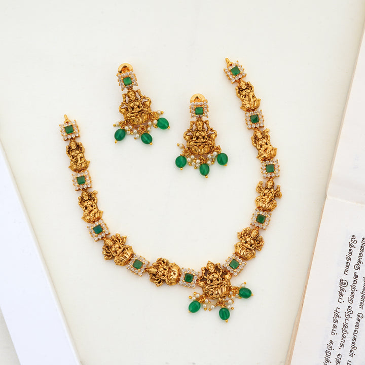 Lakshmi Emerald Temple Necklace with Stud Earrings
